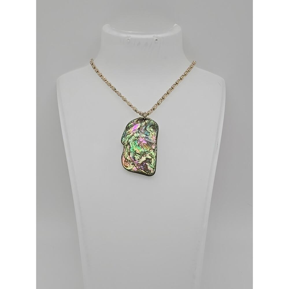 Pink Green Abalone Mother of Pearl Shell Pendant 24" Chain Necklace Beachcore
